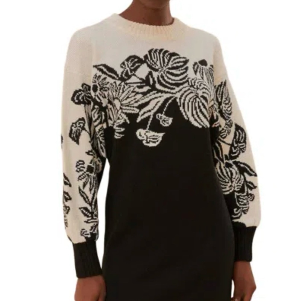 NWT Farm Rio Wool Blend Sweaterdress Black and White Floral Sweater Dress M